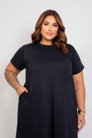 Vestido Midi Amplo Manga Curta com Fenda Lateral