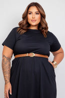 Vestido Midi Amplo Manga Curta com Fenda Lateral