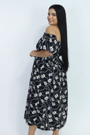 Vestido Midi Estampado Ombro a Ombro com Mangas