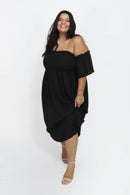 Vestido Midi Ombro a Ombro com Mangas Duna